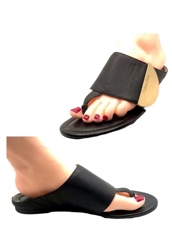 Calvin Klein Shoes - CALVIN KLEIN "BEHATI" BLACK PEBBLED LEATHER W/GOLD SIGNATURE PLATE SANDALS (6)